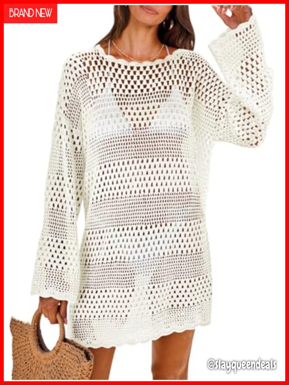Women's Crochet Swim Cover Up Mini Dress Bell Sleeve Pullover Beach